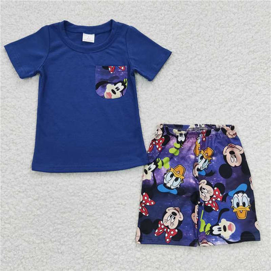 8.11 RTS NO MOQ Baby Boys kids Summer Sets BSSO0163 Blue Color Cartoon Pockets Shorts Clothes Sets