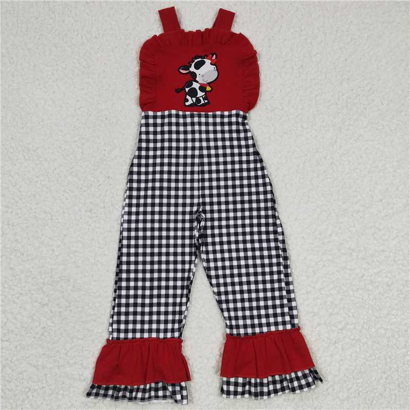 6.25 RTS NO MOQ Summer Baby Girls Bodysuit SR0165 Embroidery Plaid Red Cow Ruffle Jumpsuits