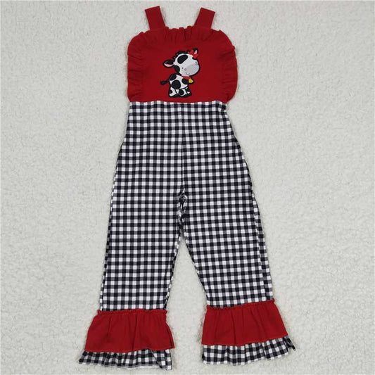 6.25 RTS NO MOQ Summer Baby Girls Bodysuit SR0165 Embroidery Plaid Red Cow Ruffle Jumpsuits