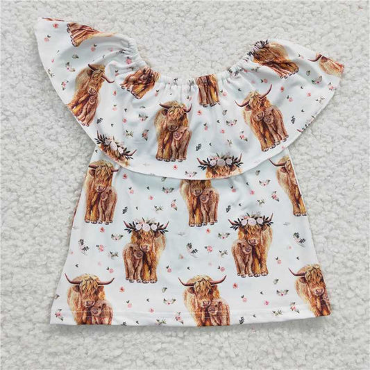 7.25 RTS NO MOQ Summer Baby Girls Short Sleeve GT0147 Highland Cow Off Shoulder Western Shirts Tops