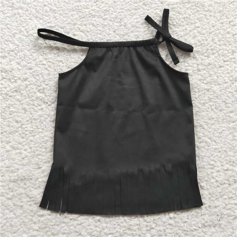 7.24 RTS NO MOQ Summer Baby Girls Short Sleeve GT0088 Black Tassle Halter Shirts Tops