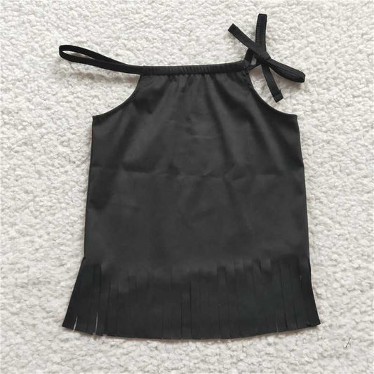 7.24 RTS NO MOQ Summer Baby Girls Short Sleeve GT0088 Black Tassle Halter Shirts Tops