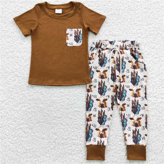 7.19 RTS NO MOQ Baby Boys Summer Sets BSPO0107 Brown PocketTee Shirt Pants Sets