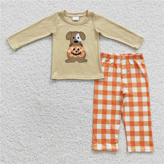 BLP0170 Boy's embroidered puppy jack-o '-lantern plaid beige Halloween long-sleeved pant suit