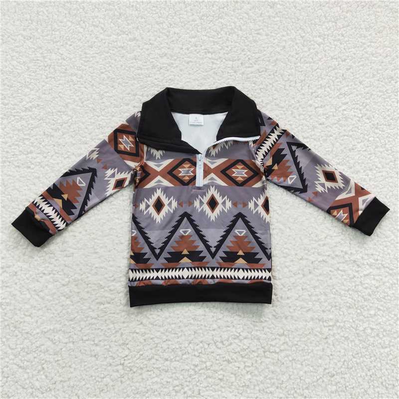 7.10 RTS NO MOQ Baby Boys Long Sleeve BT0230 Grey Aztec Long Sleeve Pullover Tops