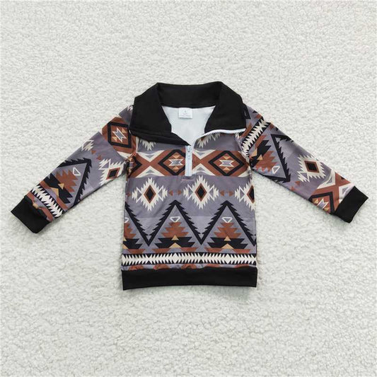 7.10 RTS NO MOQ Baby Boys Long Sleeve BT0230 Grey Aztec Long Sleeve Pullover Tops
