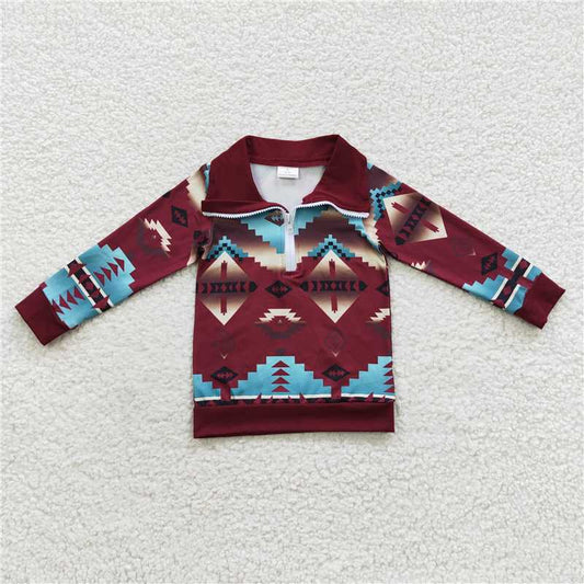 7.10 RTS NO MOQ Baby Boys Long Sleeve BT0228 Brown Blue Aztec Long Sleeve Pullover Tops