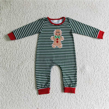 Wholesale rts Toddler Newborn Christmas Infant Children Green Snap Button Kid Cotton Embroidery Jumpsuit Baby Boy Striped Romper