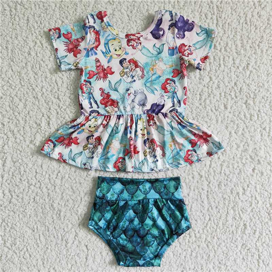 5.24 RTS NO MOQ Baby Girls Summer Outifts GBO0035 Short Sleeve Mermaid Bummie Sets