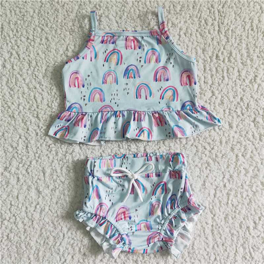 5.24 RTS NO MOQ Baby Girls Summer Outifts GBO0033 Sleeveless Rainbow Shirt Bummie Sets