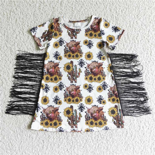 8.6 RTS NO MOQ Summer Baby Girls Dresses GSD0084 Western cow sunflower tassel dresses