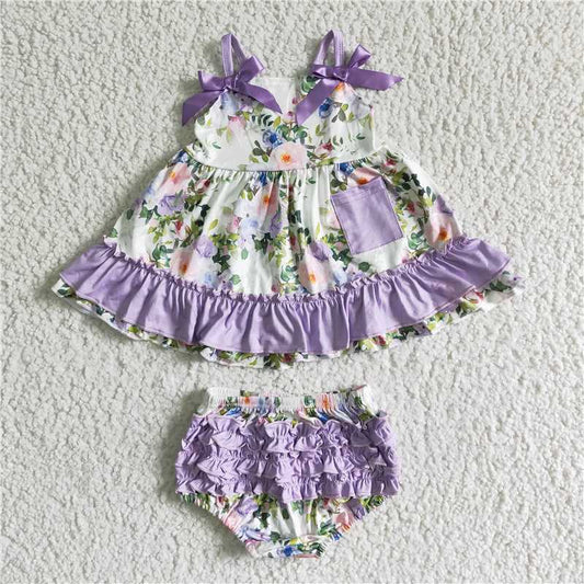 5.24 RTS NO MOQ Baby Girls Summer Outifts GBO0038 Floral Purple Swing Bummie Sets