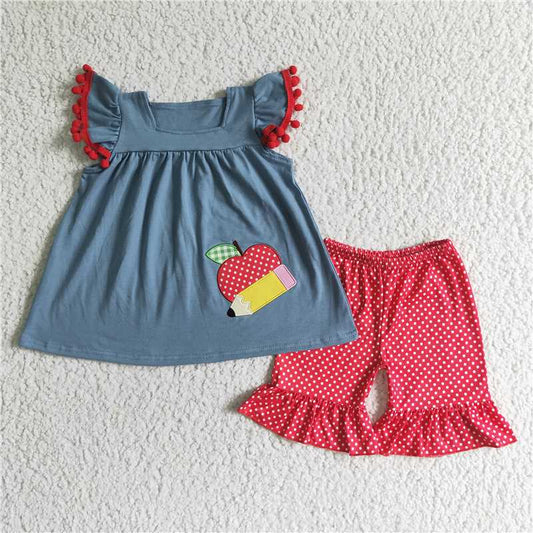 RTS NO MOQ Baby Girls Summer Sets GSSO0120 Embroidery Apple Pencil Back To School Shorts Sets