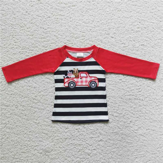 8.8 RTS NO MOQ Baby Boys Long Sleeve BT0023 Cow tractor embroidery farm tractor red stripe shirts