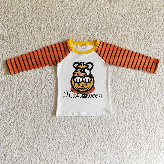 7.21 RTS NO MOQ Baby Boys Long Sleeve BT0054 Halloween Pumpkin Orange Stripe Shirts