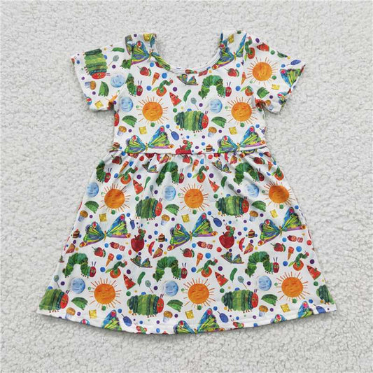 8.4 RTS NO MOQ Summer Baby Girls Dresses GSD0224 Worm Cartoon Knee Length Dresses