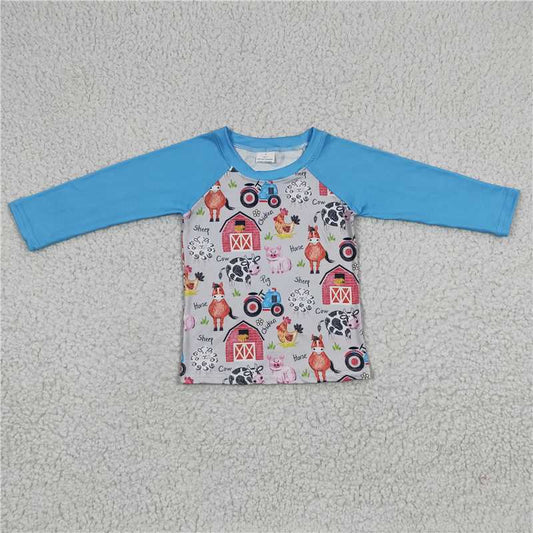 7.21 RTS NO MOQ Baby Boys Long Sleeve BT0110 Cow Chicken Farm Long Sleeve T-Shirts Tops