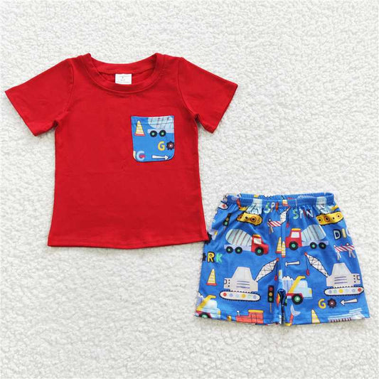 8.9 RTS NO MOQ Baby Boys kids Summer Sets BSSO0233 Red Construction Pocket Top Shorts Clothes