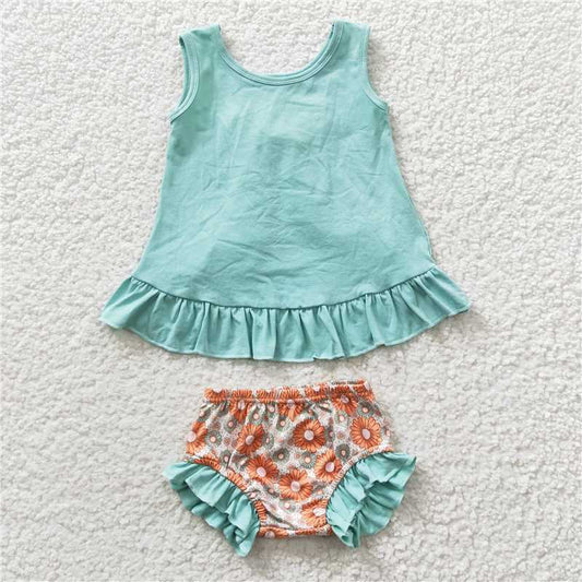 RTS NO MOQ Baby Girls Summer Outifts GBO0121 Blue Bow Tunic Backless Top Floral Bummie Sets