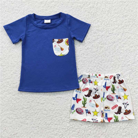 8.9 RTS NO MOQ Baby Boys kids Summer Sets BSSO0225 Western Texas Pocket Tee Shirts shorts sets