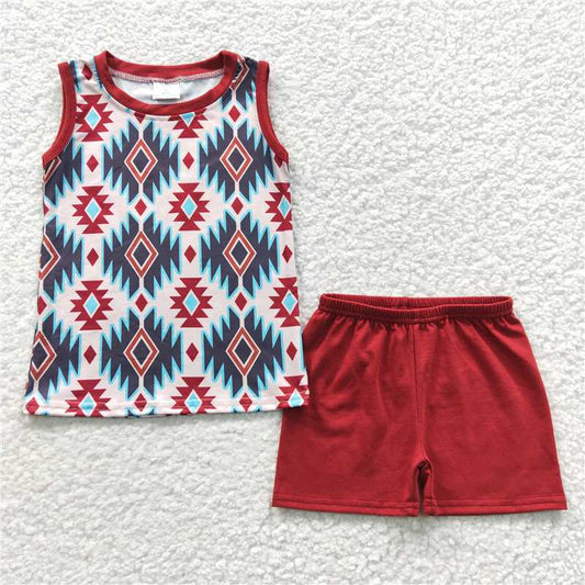 8.8 RTS NO MOQ Baby Boys kids Summer Sets BSSO0215 Western Aztec Sleeveless Tee Shirts Shorts Sets
