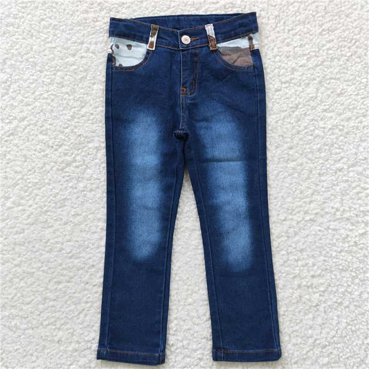 6.3 RTS NO MOQ Baby Girls Pants P0075 Cow Print Pocket Denim Legging Pants