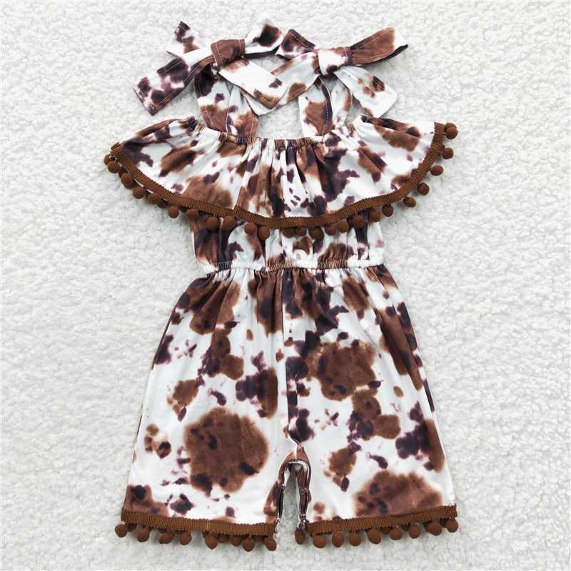 6.2 RTS NO MOQ Summer Baby Girls Bodysuit SR0307 Sleeveless Cowprint Pompom Jumpsuits