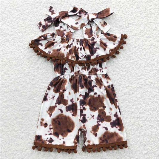 6.2 RTS NO MOQ Summer Baby Girls Bodysuit SR0307 Sleeveless Cowprint Pompom Jumpsuits