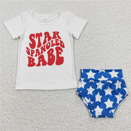 RTS NO MOQ Baby Girls Summer Outifts GBO0101 Star Babe Blue Color 4th Of July Bummie Sets