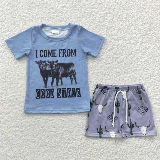 8.8 RTS NO MOQ Baby Boys kids Summer Sets BSSO0240 Blue Cactus Western Cow Shorts Sets