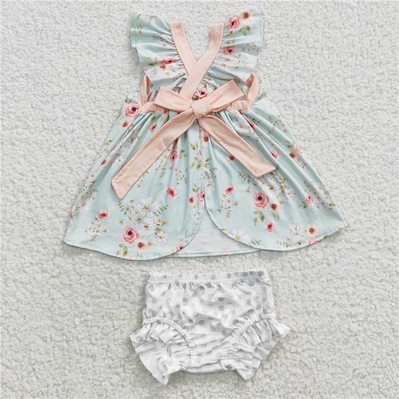 RTS NO MOQ Baby Girls Summer Outifts GBO0115 Green Floral Tunic Short Sleeve Bummie Sets