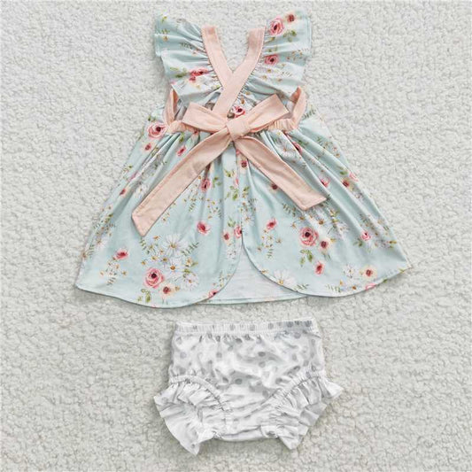 RTS NO MOQ Baby Girls Summer Outifts GBO0115 Green Floral Tunic Short Sleeve Bummie Sets