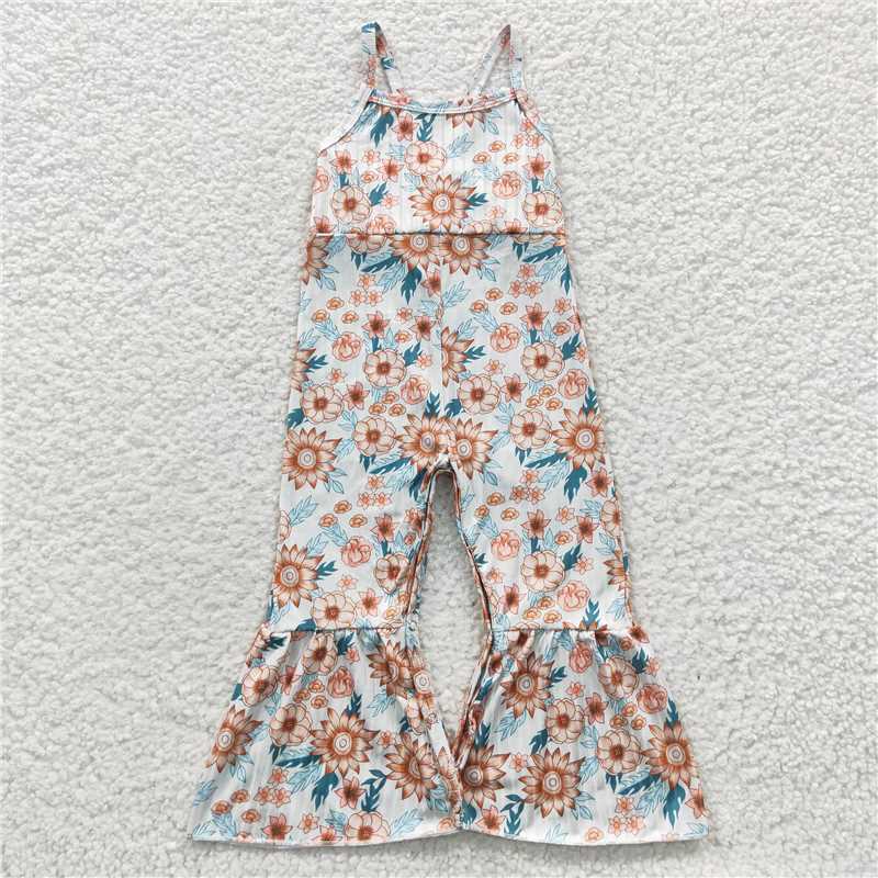 6.25 RTS NO MOQ Summer Baby Girls Bodysuit SR0309 Sunflowers Strap Bell Bottom Jumpsuits