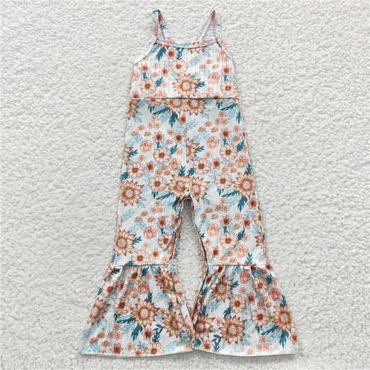 6.25 RTS NO MOQ Summer Baby Girls Bodysuit SR0309 Sunflowers Strap Bell Bottom Jumpsuits