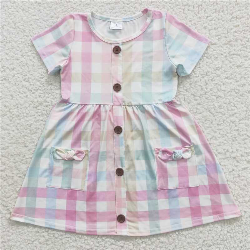 8.4 RTS NO MOQ Summer Baby Girls Dresses GSD0296 Pink Plaid Short Sleeve Pocket Knee Length Dresses