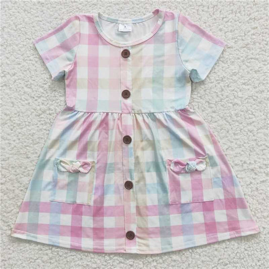 8.4 RTS NO MOQ Summer Baby Girls Dresses GSD0296 Pink Plaid Short Sleeve Pocket Knee Length Dresses