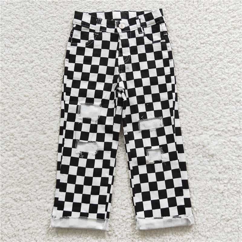 P0122 Black and white checked ripped denim pants