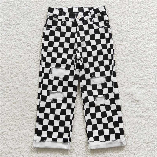 P0122 Black and white checked ripped denim pants