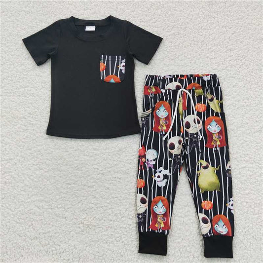 7.19 RTS NO MOQ Baby Boys Summer Sets BSPO0105 Halloween Pocket Ghost Tee Shirt Pants Cloth