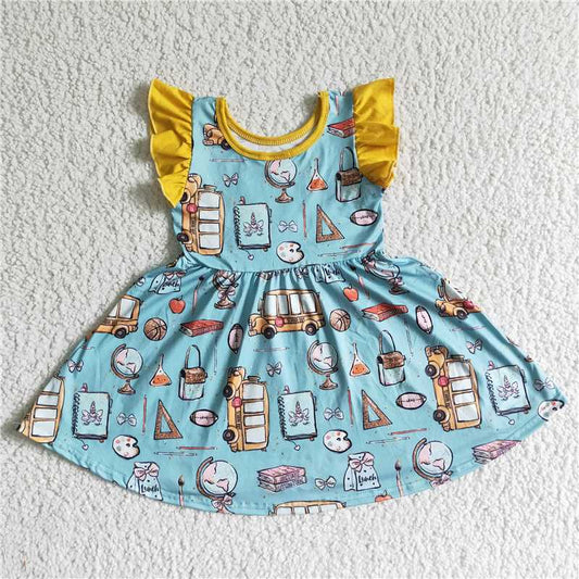 8.7 RTS NO MOQ Summer Baby Girls Dresses GSD0054 Flutter sleeve back to school knee length dresses