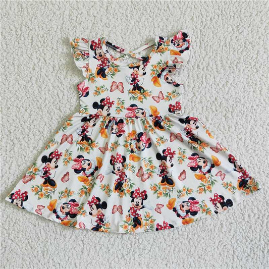 8.7 RTS NO MOQ Summer Baby Girls Dresses GSD0048 Flutter sleeve cartoon floral cross dresses