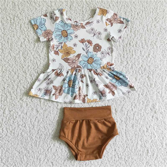 5.24 RTS NO MOQ Baby Girls Summer Outifts GBO0032 Floral Peplum Brown Bummie Sets