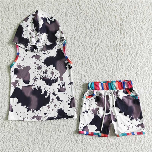 8.12 RTS NO MOQ Baby Boys kids Summer Sets BSSO0050 Sleeveless hoodie cowprint shorts sets