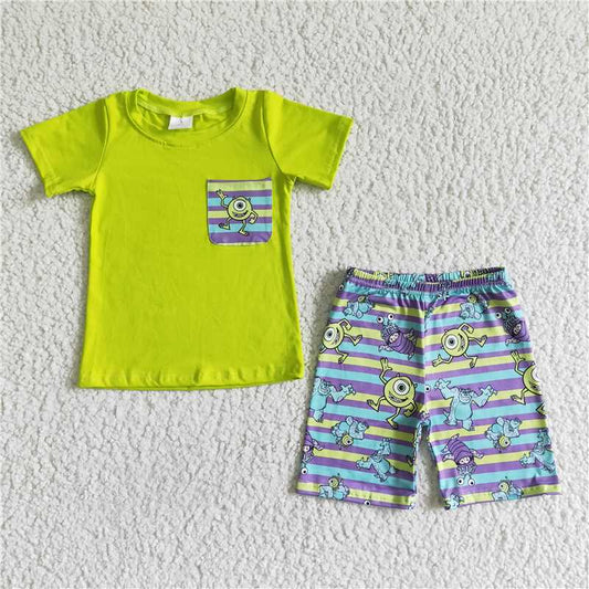 8.12 RTS NO MOQ Baby Boys kids Summer Sets BSSO0044 Cartoon green pocket shorts sets