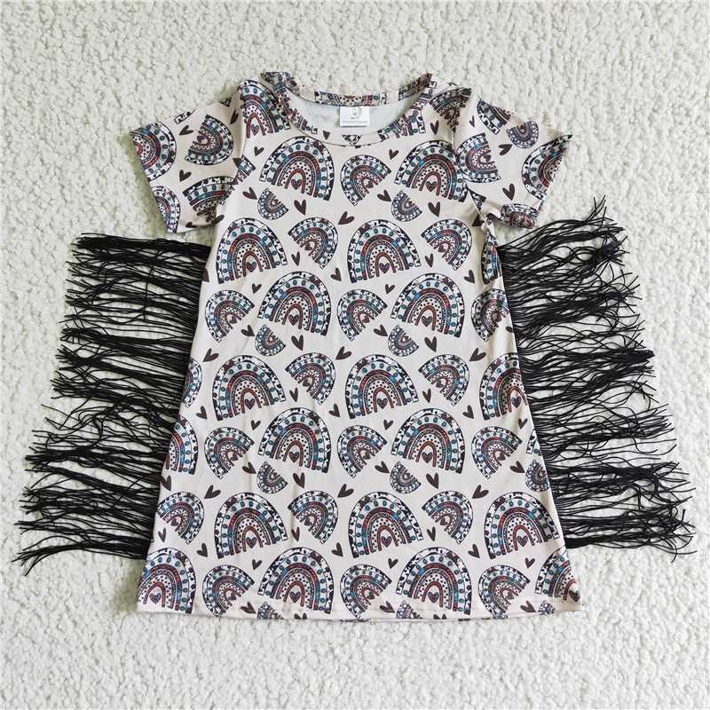 8.6 RTS NO MOQ Summer Baby Girls Dresses GSD0101 Western rainbow leopard tassel dresses