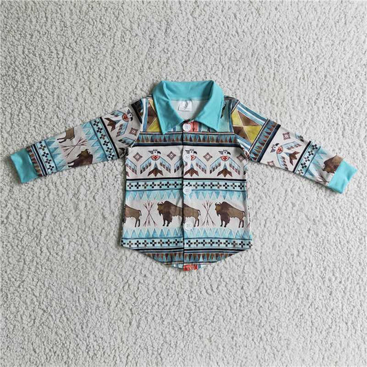 7.21 RTS NO MOQ Baby Boys Long Sleeve BT0090 Western Cow Button Shirts Tops