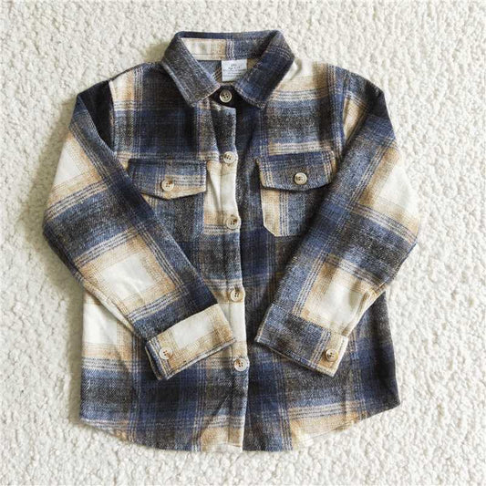 7.10 RTS NO MOQ Baby Boys Long Sleeve BT0117 Navy Plaid Cotton Pocket Super Thick Flannel Button Up Shirt