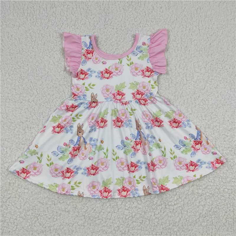8.4 RTS NO MOQ Summer Baby Girls Dresses GSD0223 Easter Flower Rabbit Twirl Knee Length Dresses