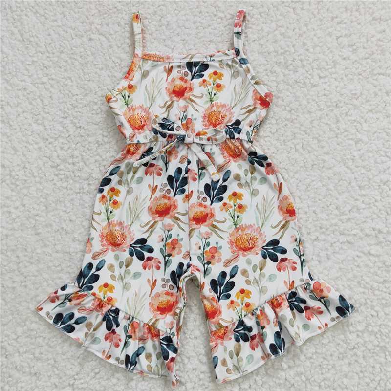 6.25 RTS NO MOQ Summer Baby Girls Bodysuit SR0250 Orange Flowers Strap Jumpsuits