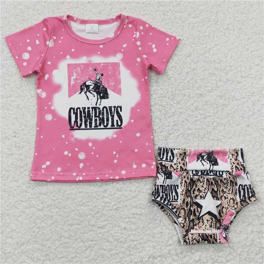 5.24 RTS NO MOQ Baby Girls Summer Outifts GBO0084 Pink Cowboys Tops Star Bummie Sets